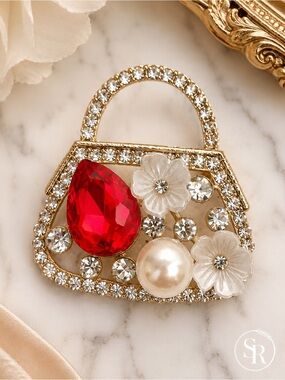 Handbag Purse Brooch Red Gemstone Pearl Floral Rhinestone Statement Pin